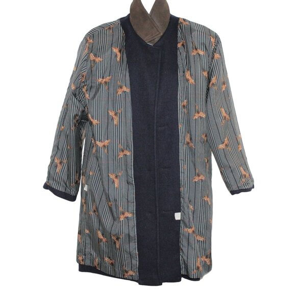 Vintage 80s JOFELD Medium Leather Trim Collar Navy Blue Wool Blend Coat USA - Picture 7 of 12